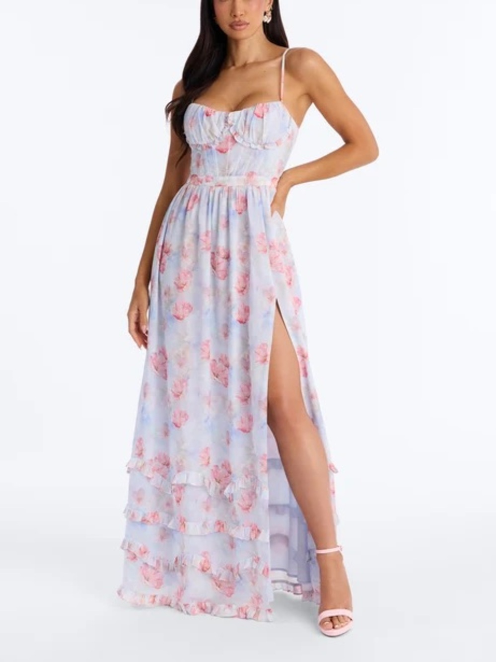 NWT Fashion Nova Blue & Pink Floral Chiffon Maxi Dress